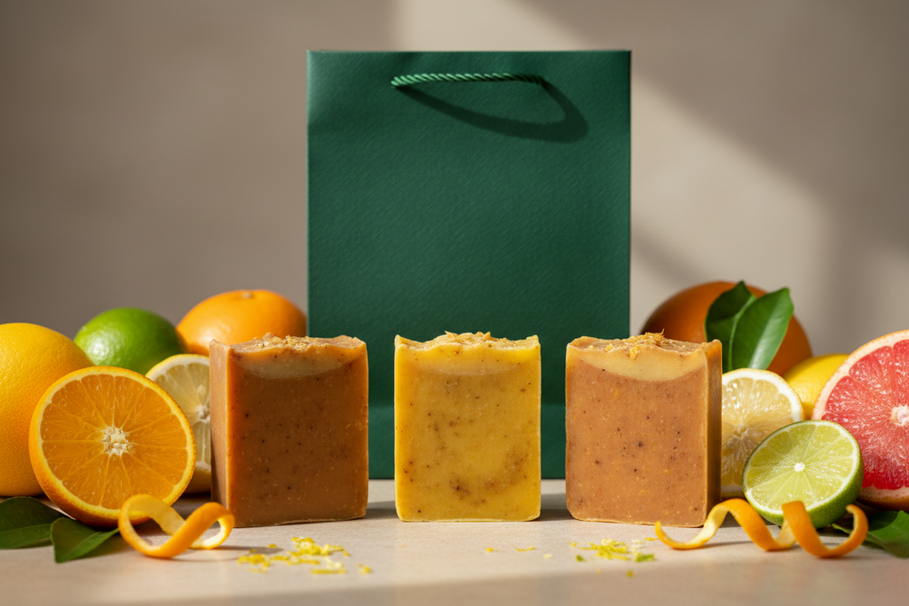 Create an image for an online advertisement: The image includes an elegant green gift bag displayed behind a set of 3 rectangular handcrafted artisan bar soaps. The 3 bar soaps are made out of citrus ingredients. Include in this image the natural ingredients used for these soaps. 