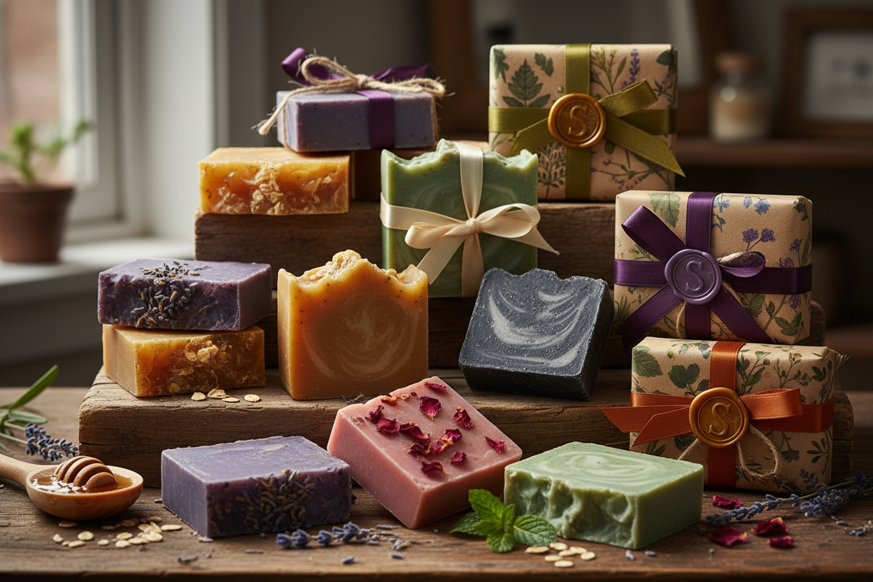 create an image of a bar soap display with wrapped and unwrapped fancy bar soaps of different varieties. 