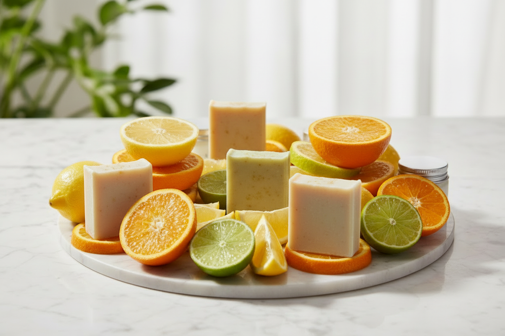 This image is good, but remove the text and also remove the beauty products and replace them with handmade rectangular bar soap.