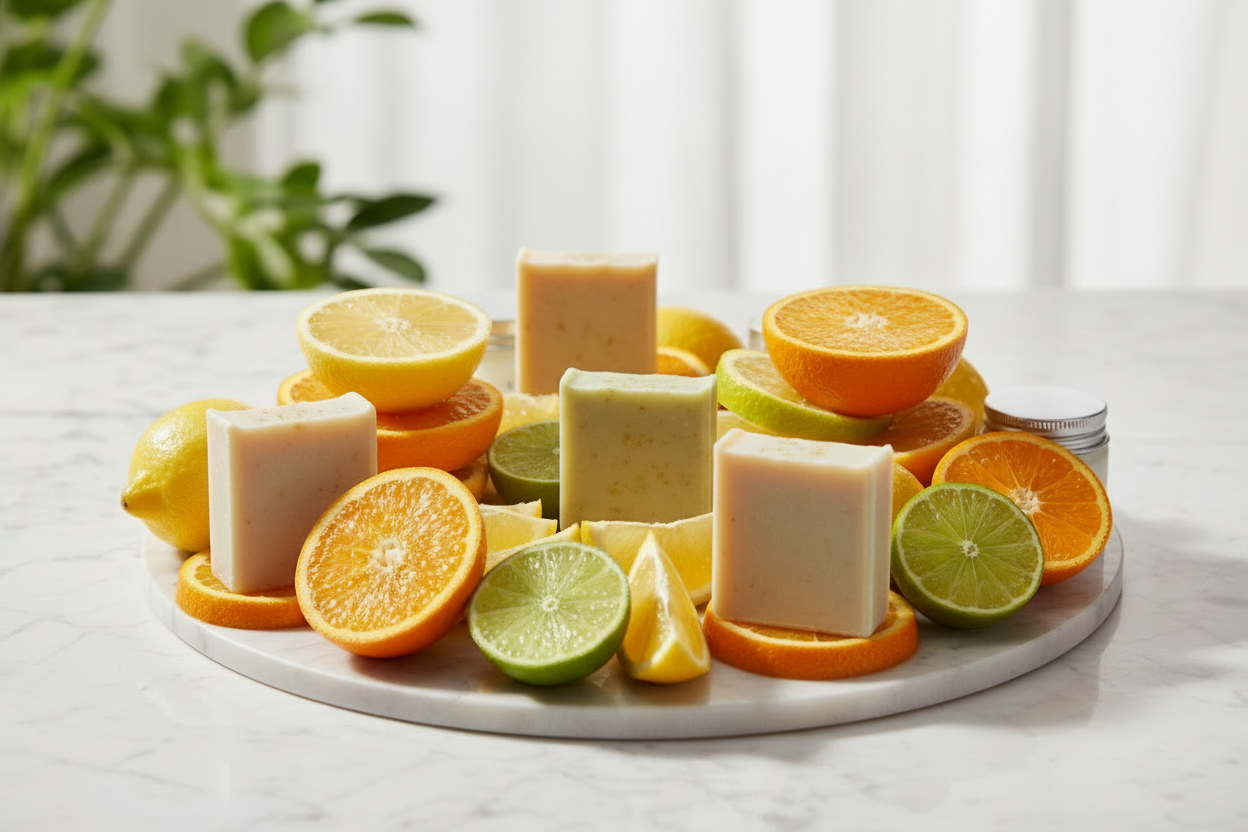 This image is good, but remove the text and also remove the beauty products and replace them with handmade rectangular bar soap.