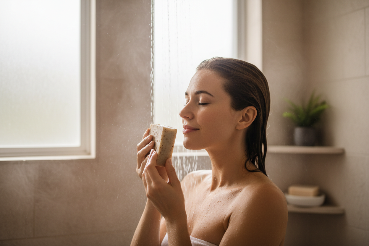 woman using a bar of soap in the shower enjoying the smell of the soap.